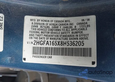 2008 Honda Civic Lx from USA, damaged, VIN 2HGFA165X8H536205